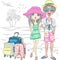 Vector hipster traveler couple on the sea beach