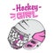 Vector hockey girl lettering. Isolated pink hockey helmet with mask for woman on white background. Ice hockey sports