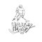 Vector hockey player in sports uniform. Black white outline illustration vintage sportsman and inscription letters.