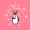 Vector holiday Christmas greeting card with cartoon penguin, snow flakes