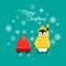 Vector holiday Christmas greeting card with cartoon penguin, snow flakes