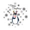Vector holiday Christmas greeting card with cartoon penguin, snow flakes