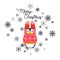 Vector holiday Christmas greeting card with cartoon penguin, snow flakes