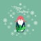 Vector holiday Christmas greeting card with cartoon penguin, snow flakes, Christmas tree