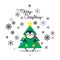 Vector holiday Christmas greeting card with cartoon penguin, snow flakes, Christmas tree