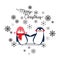 Vector holiday Christmas greeting card with cartoon penguins, snow flakes