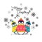 Vector holiday Christmas greeting card with cartoon penguins, snow flakes