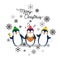 Vector holiday Christmas greeting card with cartoon penguins, snow flakes