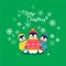 Vector holiday Christmas greeting card with cartoon penguins, snow flakes