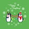 Vector holiday Christmas greeting card with cartoon penguins, snow flakes