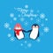 Vector holiday Christmas greeting card with cartoon penguins, snow flakes