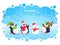 Vector holiday Christmas greeting card with cute cartoon penguins and snowman. Different clothing and santa hats, various poses