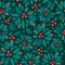 Vector holly berry dark green, red holiday seamless pattern background. Great for winter themed packaging, giftwrap