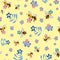 Vector honey bee and Forget-me-not flower seamless pattern background. Flying insect and floral blue, pink, yellow