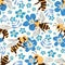 Vector honey bee and Forget-me-not flower seamless pattern background. Flying insect and floral blue white backdrop