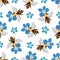 Vector honey bee and Forget-me-not flower seamless pattern background. Flying insect and floral blue white backdrop