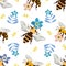 Vector honey bee and Forget-me-not flower seamless pattern background. Flying insect and floral blue white backdrop