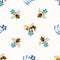 Vector honey bee and Forget-me-not flower seamless pattern background. Flying insect and florals on honeycomb backdrop