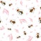 Vector honey bee and pink petals seamless pattern background. Hand drawn striped insect and florals on white backdrop