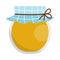 Vector honey jar icon isolated on white background. Cute rural glass pot tied with blue checked cloth. Flat beekeeping farm
