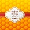 Vector honey label, logo, tag, design elements and background. Honeycombs pattern with red ribbon and label.