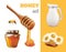 Vector Honey Set Realistic Illustration. Jar,Bank, Bee, Honeycomb,Chamomile,Honey Pouring From Wooden Stick Design