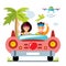 Vector Honeymoon on the retro car. Flat style colorful Cartoon illustration.