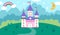 Vector horizontal background with unicorn castle, field, clouds, stars, rainbow. Fantasy world scene with palace, towers, moon.