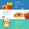 Vector horizontal banners set with cartoon cute fast food characters