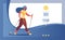 Vector horizontal web banner or landing page with young woman nordic walking. Blue gradients, template with text for healthy