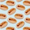 Vector hot dog pattern. American fast food meal. Bread with sausage, ketchup, mustard. Lunch delicious surface pattern