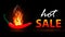 Vector HOT SALE horizontal banner with red chilli pepper and burning flame.