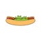 Vector hotdog with sausage, mustard, ketchup and salad. Isolated on white background.