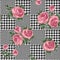 Vector houndstooth seamless black and white pattern with pink retro roses