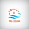 Vector house logo with blue wave. Rent near sea. holidays, beach sign.
