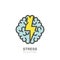 Vector human brain and lightning logo, sign. Stress concept. Brainstorming and creativity isolated illustration.