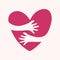 Vector human\\\'s hand holding pink heart, love sign flat icon. Romantic theme for Valentine\\\'s day greeting card.