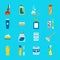 Vector hygiene and cleaning products flat icons. Cleaner and toilet paper, toothpaste and deodorant