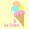 Vector ice cream with pink blob. Waffle cone with three colorful balls