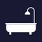 Vector icon of bath and shower. Vector white icon on dark blue background.