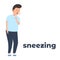 Vector icon of a character sneezing because of the infection. It represents a concept of medical protection, virus symptoms,