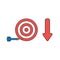 Vector icon concept of bulls eye and dart miss the target with arrow down