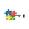 Vector icon concept of four part connected jigsaw puzzle pieces key and keyhole. Black outlines and colored