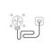 Vector icon concept of glowing four part puzzle light bulb with cable plugged into outlet. Black outline