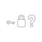 Vector icon concept of key with closed padlock without keyhole and question mark. Black outline