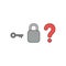 Vector icon concept of key with closed padlock without keyhole and question mark. Black outlines and colored