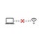 Vector icon concept of laptop connection failure with x mark to wifi wireless network. Black outlines and colored