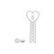 Vector icon concept of love key reach keyhole in heart with wooden ladder. Black outline