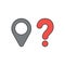 Vector icon concept of map pointer with question mark. Black outlines and colored