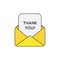 Vector icon concept of open envelope mail or message with thank you written on paper. Black outlines and colored
